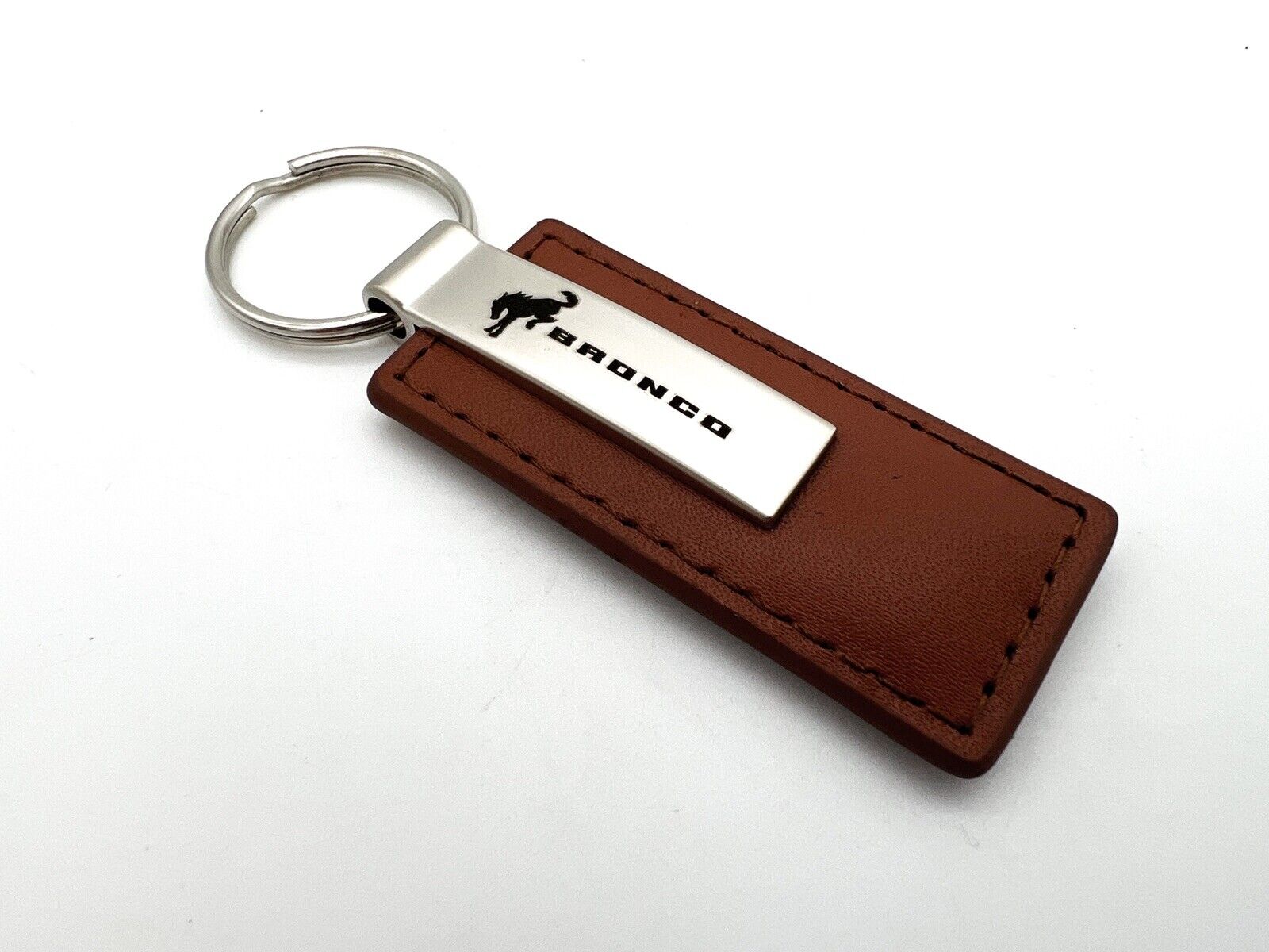 Brown Rectangle Leather Key Chain Fob w/ 2021 2022 Ford Bronco Emblem Logo - GoodSpeedUSA