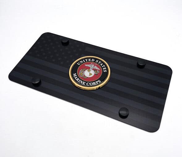Marine Corps License Plate Frame - Metal Aluminum USA Made, Shows Marine With Flag Design