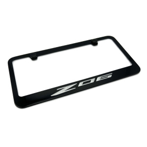 Black License Plate Frame w/ Chevy C8 Corvette "Z06" Logo - Silver Fill - GoodSpeedUSA