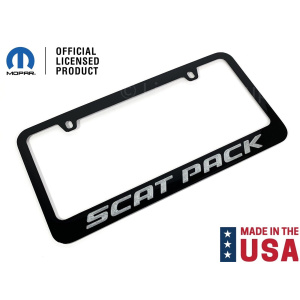 Black License Plate Frame w/ Dodge Charger Challenger "Scat Pack" Gray Script - GoodSpeedUSA