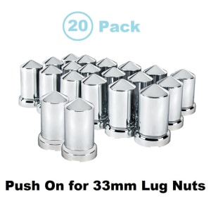 (Set/20) Chrome Pointed Lug Nut Covers 33mm Push-On (3-3/16" Tall) - GoodSpeedUSA