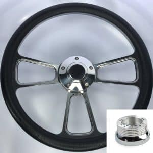 14" Polished Steering Wheel Black Wrap, Billet Horn Button & Adapter For Chevy - GoodSpeedUSA