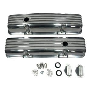 Small Block Chevy Polished Aluminum Finned Short Valve Covers w/ Holes - GoodSpeedUSA