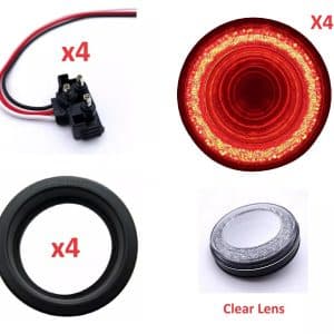 (Set/4) 4" Red LED/Clear Lens MIRAGE Stop, Turn, Tail Lights w/ Grommets & Plugs - GoodSpeedUSA