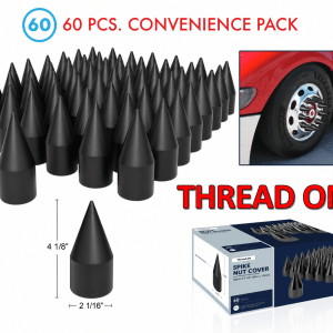 (Set/60) Matte Black Spike Lug Nut Covers 33mm Thread-On (4-1/8" Tall) 60-Pack - GoodSpeedUSA