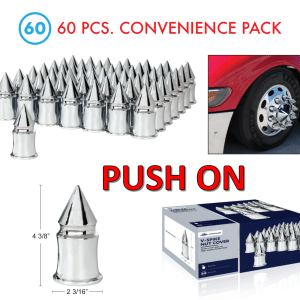 (Set/60) Chrome V-Spike Lug Nut Covers 33mm Push-On (4-3/8" Tall) 60-Pack - GoodSpeedUSA