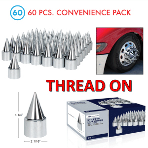 (Set/60) Chrome Spike Lug Nut Covers 33mm Thread-On (4-1/4" Tall) 60-Pack - GoodSpeedUSA