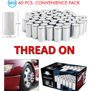 (Set/60) Chrome Cylinder Lug Nut Covers 33mm Thread-On (3-1/2" Tall) 60-Pack - GoodSpeedUSA