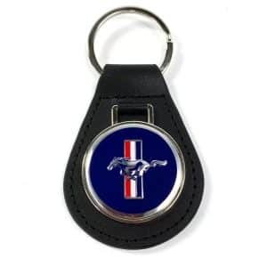 Blue Ford Mustang Tri-Bar Pony Emblem Keychain Fob - Black Leather - Licensed - GoodSpeedUSA