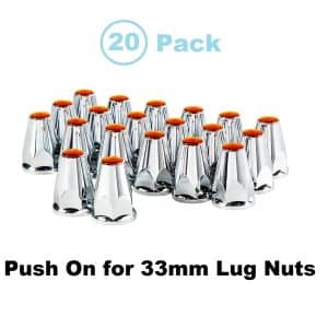 (Set/20) Amber Reflector Chrome 33mm Lug Nut Cover w/ Flange Push-On 2-3/4" Tall - GoodSpeedUSA