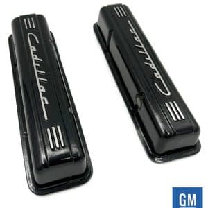 Black Finned "Cadillac" Script Valve Covers For Small Block Chevy SBC w/ Holes - GoodSpeedUSA