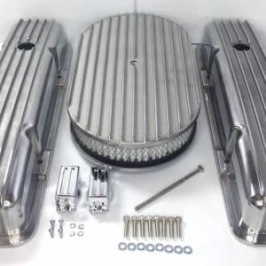 Small Block Chevy Finned Aluminum Short Valve Covers With 15'' Air Cleaner - GoodSpeedUSA