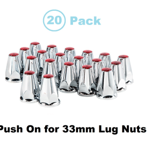 (Set/20) Red Reflector Chrome 33mm Lug Nut Covers w/ Flange Push-On 2-3/4" Tall - GoodSpeedUSA