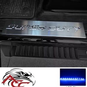 Door Sills Flag Font Illum – 2017–2024 Ford F250/F350 – Brushed Black – Blue LED - GoodSpeedUSA