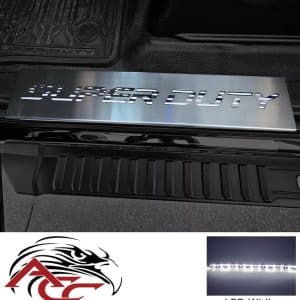 Door Sills Flag Font Blk Brushed Wht LED – 2017–2024 Ford F-250/F-350 Super Duty - GoodSpeedUSA