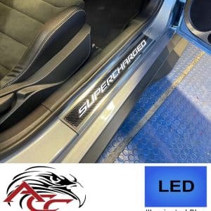LED Door Sills Carbon Fiber/Polished 'SUPERCHARGED' Blue – 2015–2023 Mustang - GoodSpeedUSA