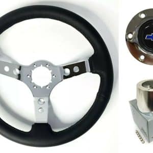 14" Chrome 3 Spoke Steering Wheel, Blue Bowtie Horn, 1974-1994 Chevy Truck - GoodSpeedUSA