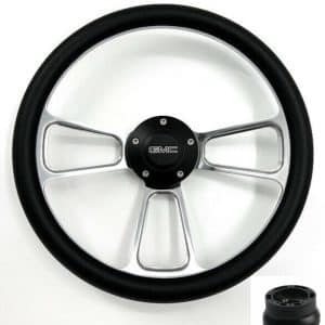 14" Polished Steering Wheel, Black Modern GMC Horn, Black Adapter 1974-94 Truck - GoodSpeedUSA