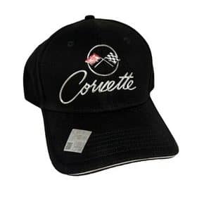 Corvette Hat / Cap - Black w/ Chrome Liquid Metal 1960s Crossed Flags Emblem - GoodSpeedUSA